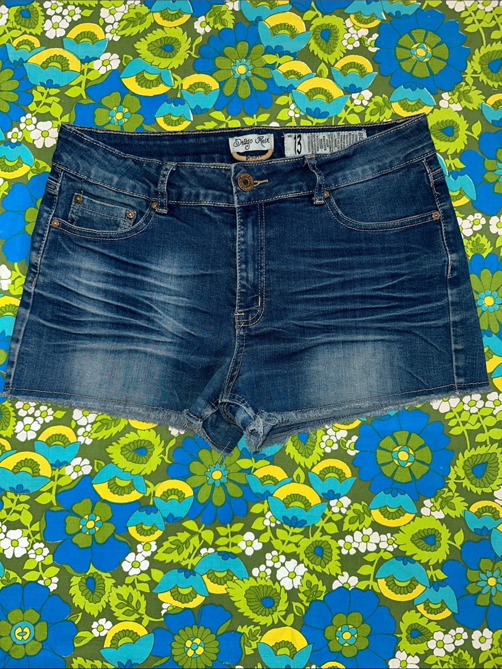 Indigo Rein Faded medium dark Blue Jean wash Cutoff Denim Shorts size 13